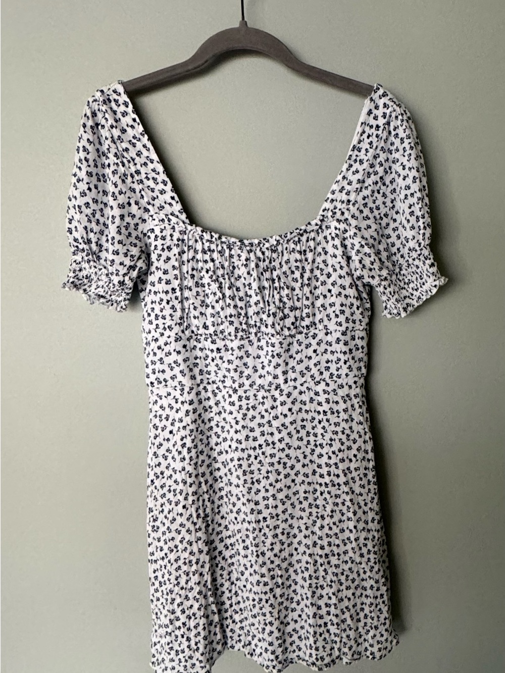 White Mini Dress with Navy Floral Print and Square Neck